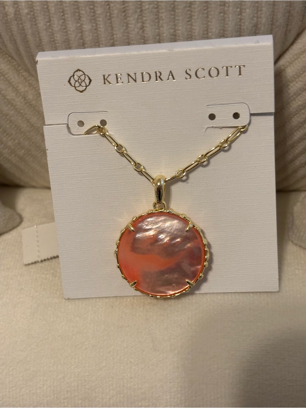 Kendra Scott Gold Chain Necklace with Coral Pink Iridescent Pendant
